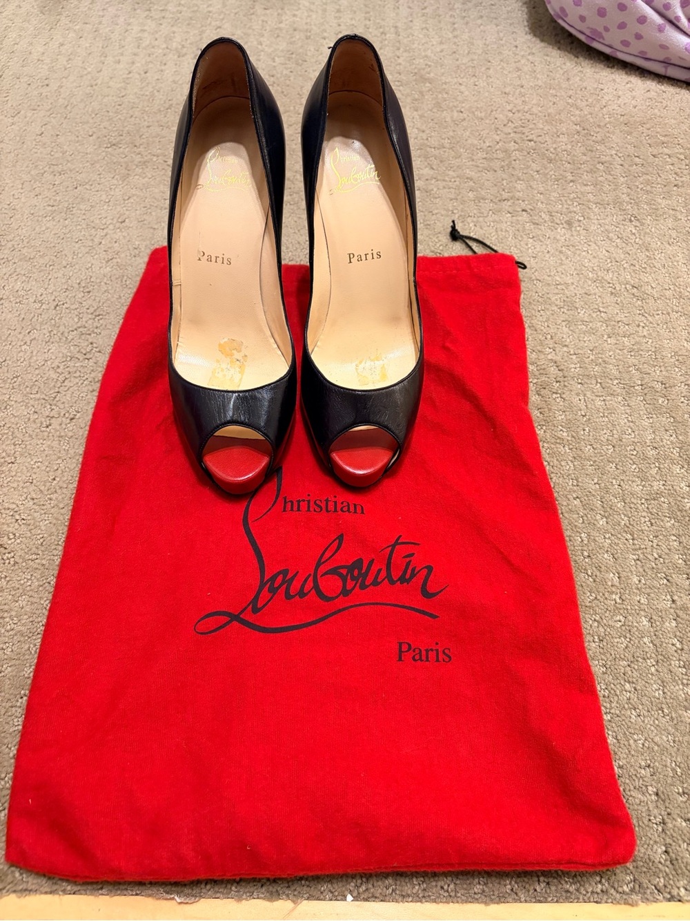 Christian Louboutin Black Leather Peep-Toe Pumps with Red Toe
